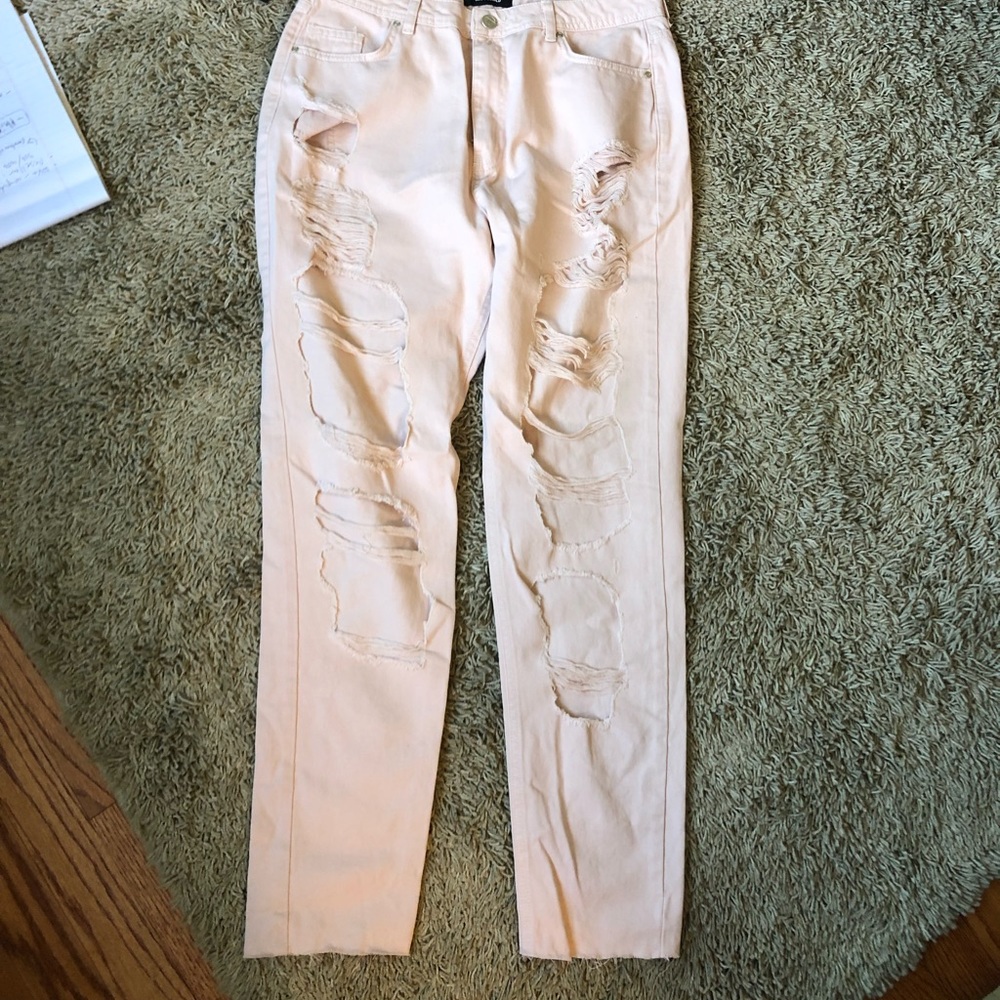 NEW MISSGUIDED High Rise Jeans Pale Pink Raw Hem sz 10 NEW NWT